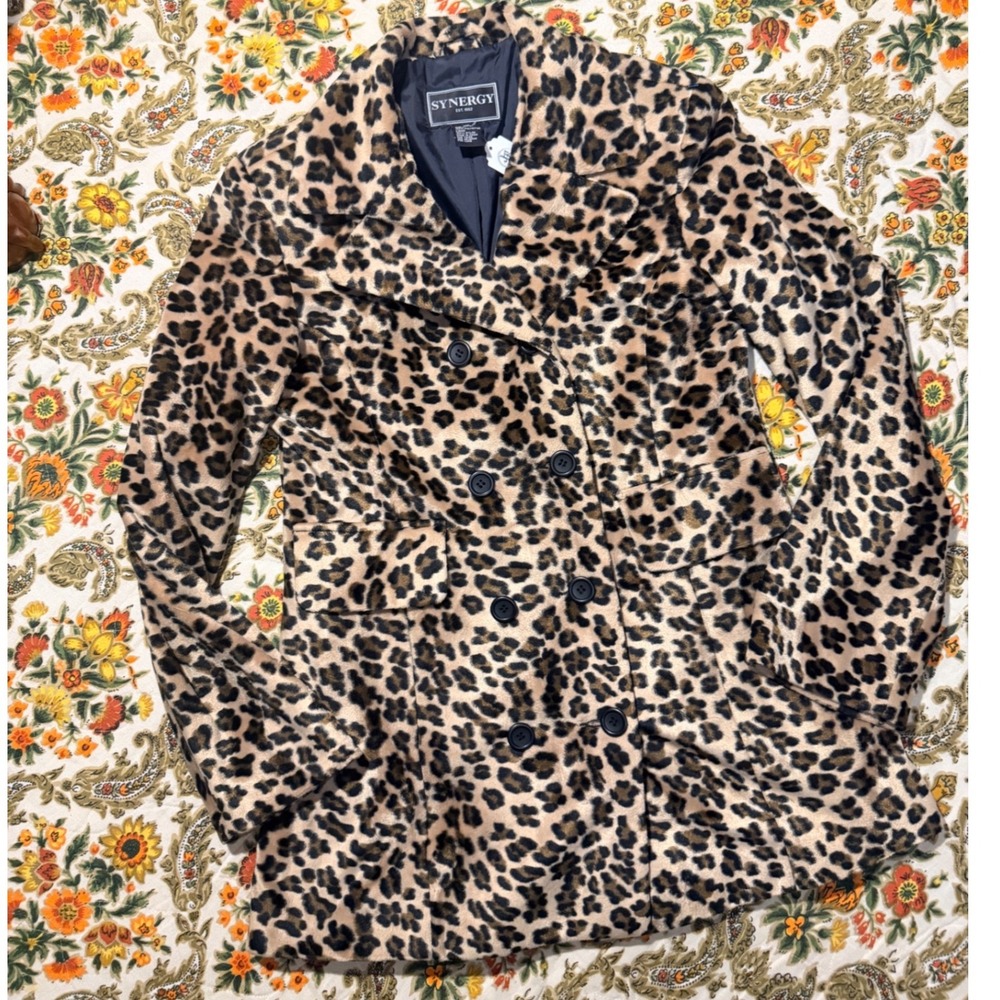 Vintage y2K Leopard Print Faux Fur Double Breasted Coat Jacket Brown Black